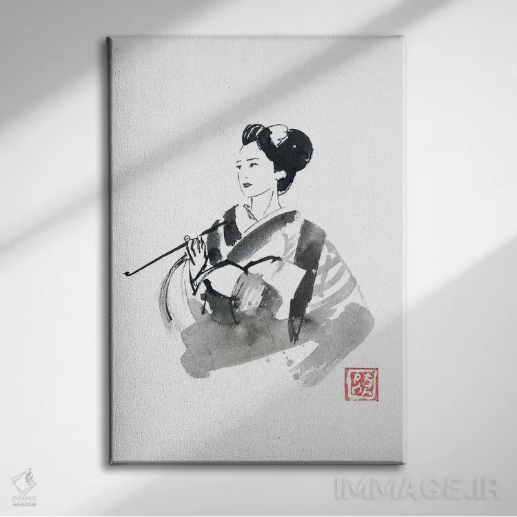تابلو دکوراتیو گیشای در حال سیگار کشیدن اثر پشان - نمای روبهرو روی دیوار