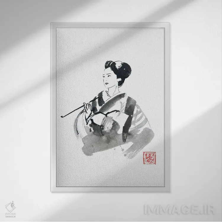 تابلو دکوراتیو گیشای در حال سیگار کشیدن اثر پشان - نمای قابدار سفید