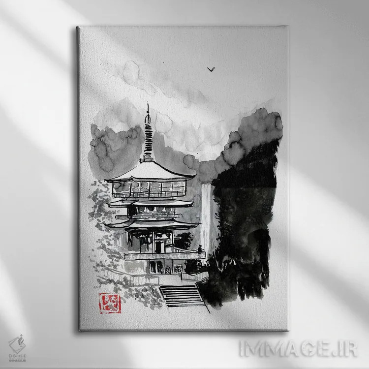 تابلو دکوراتیو پاگودا و پاییز اثر پشان - نمای روبهرو روی دیوار