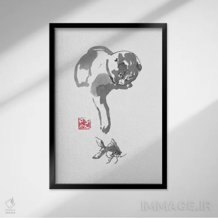 تابلو دکوراتیو گربه ماهیگیر اثر پشان - نمای قابدار مشکی