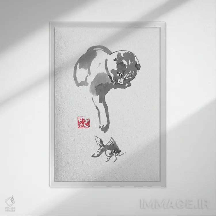تابلو دکوراتیو گربه ماهیگیر اثر پشان - نمای قابدار سفید