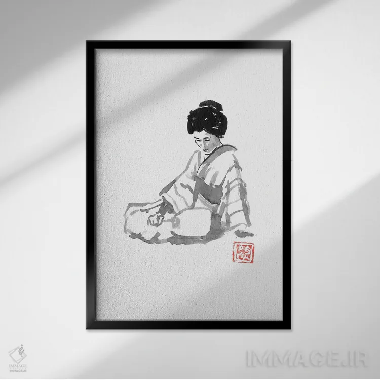تابلو دکوراتیو گیشا و بادبزن اثر پشان - نمای قابدار مشکی