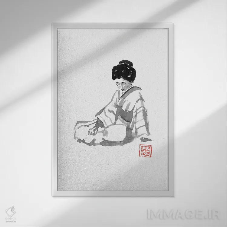 تابلو دکوراتیو گیشا و بادبزن اثر پشان - نمای قابدار سفید