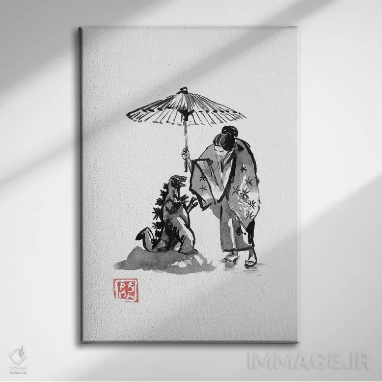 تابلو دکوراتیو گیشا در حال محافظت از گودزیلا کوچک اثر پشان - نمای روبهرو روی دیوار