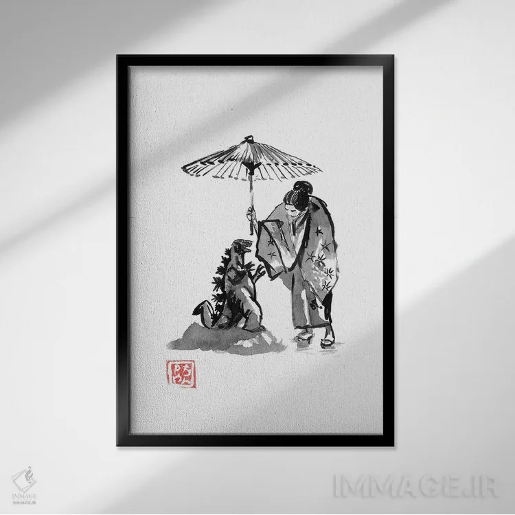 تابلو دکوراتیو گیشا در حال محافظت از گودزیلا کوچک اثر پشان - نمای قابدار مشکی