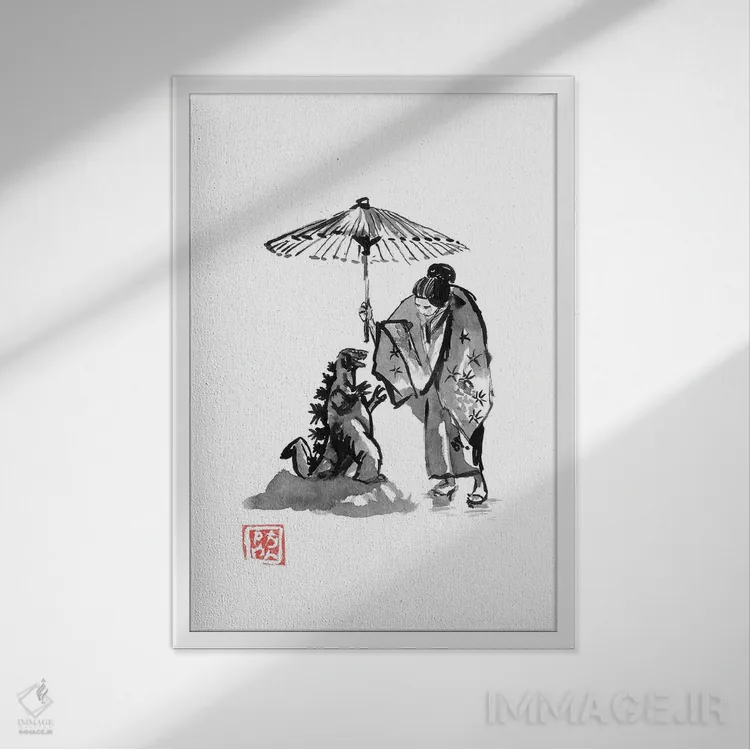 تابلو دکوراتیو گیشا در حال محافظت از گودزیلا کوچک اثر پشان - نمای قابدار سفید