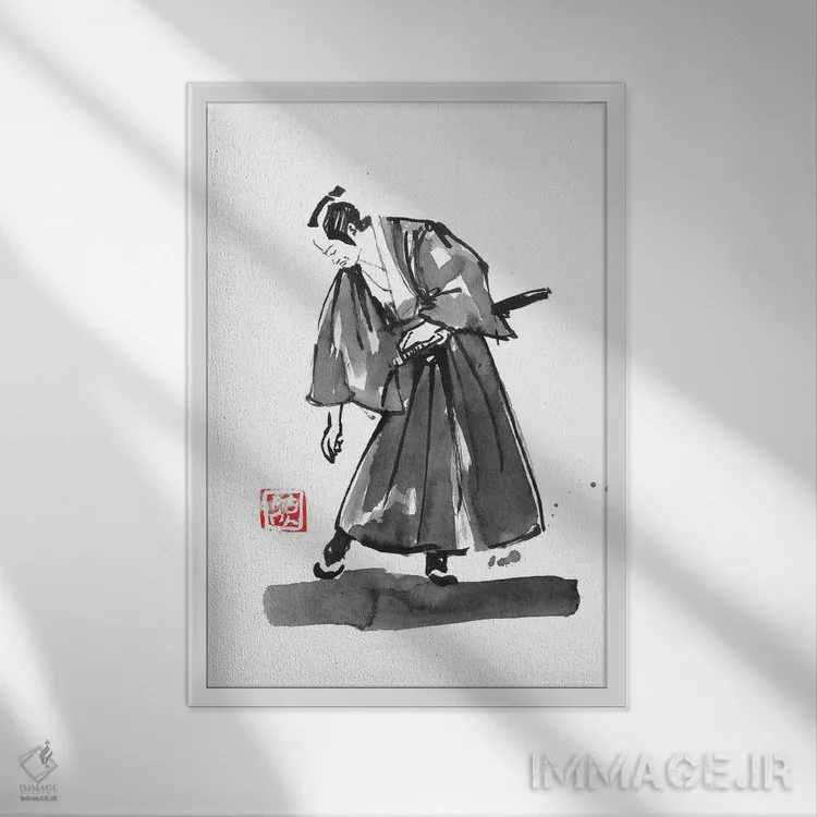 تابلو دکوراتیو سامورایی در حال بررسی زوری خود اثر پشان - نمای قابدار سفید