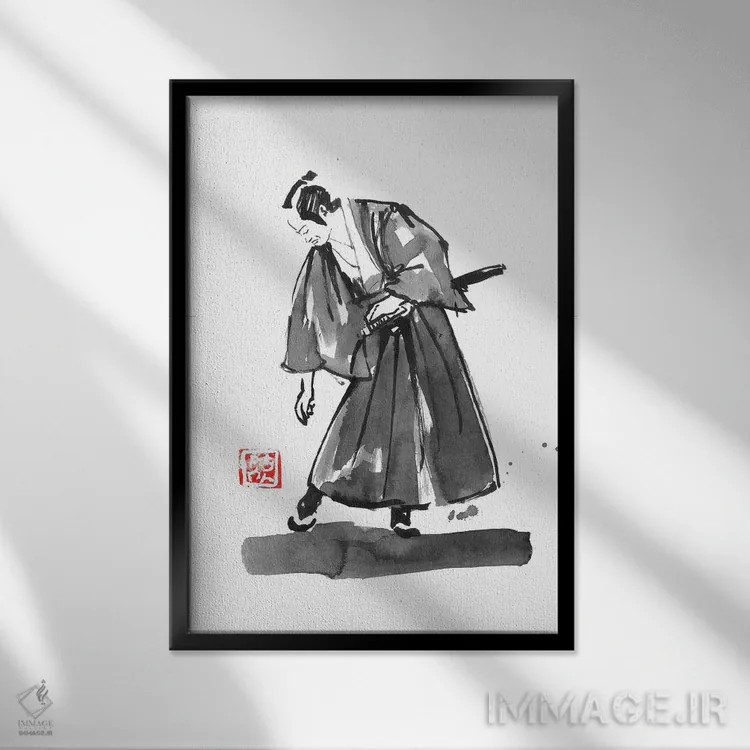 تابلو دکوراتیو سامورایی در حال بررسی زوری خود اثر پشان - نمای قابدار مشکی
