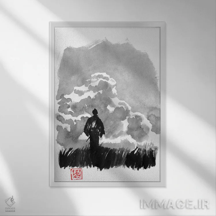 تابلو دکوراتیو سامورایی در دشت اثر پشان - نمای قابدار سفید