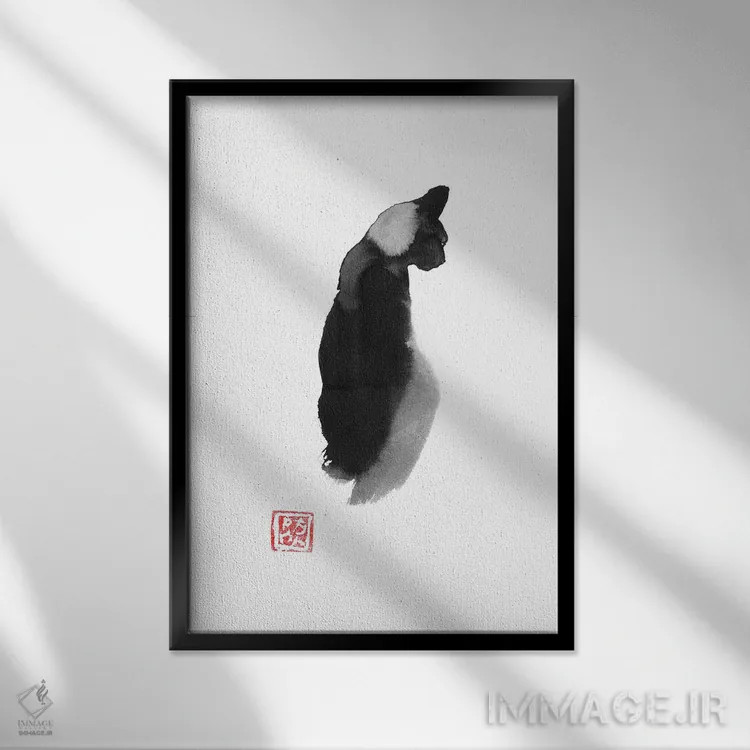 تابلو دکوراتیو گربه سایه اثر پشان - نمای قابدار مشکی