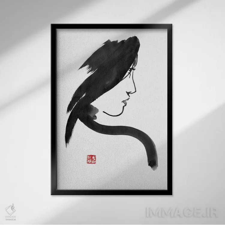 تابلو مینیمال پروفایل گیشا اثر پشان - نمای قابدار مشکی