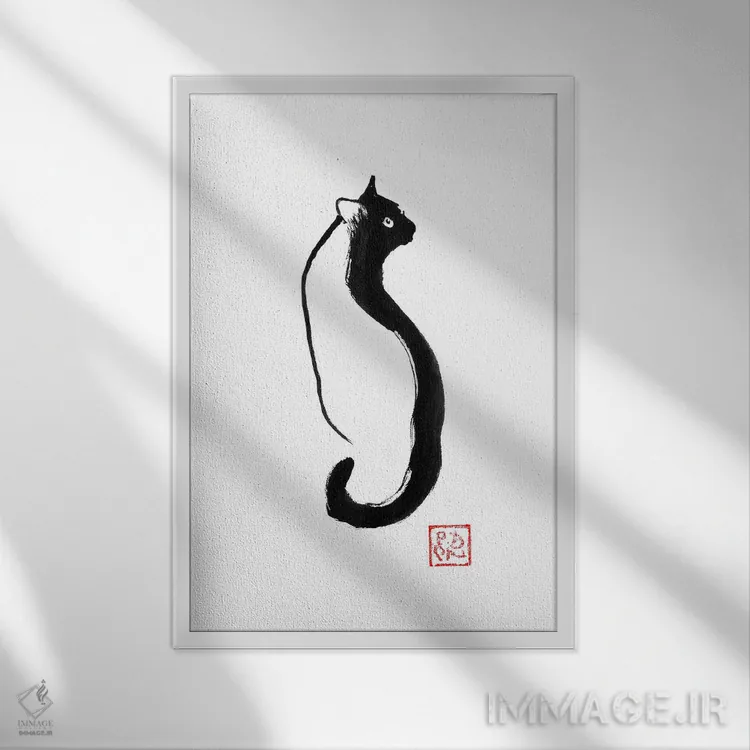 تابلو دکوراتیو خط سایه گربه اثر پشان - نمای قابدار سفید