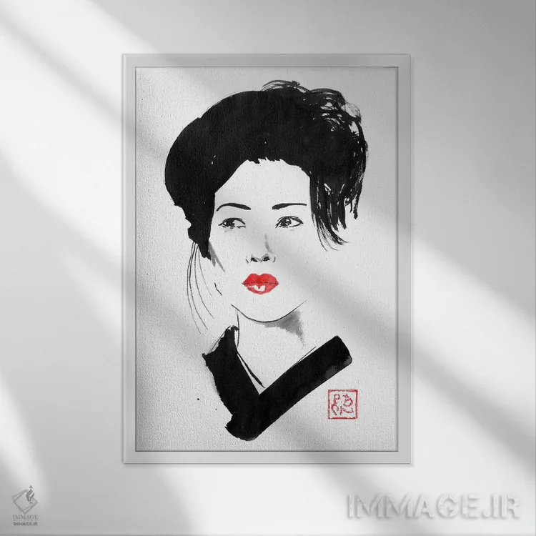 تابلو دکوراتیو گیشای خانم اثر پشان - نمای قابدار سفید