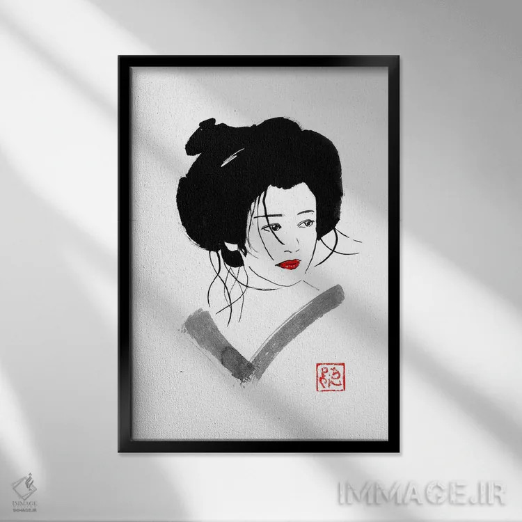 تابلو دکوراتیو گیشای شانه نکرده اثر پشان - نمای قابدار مشکی