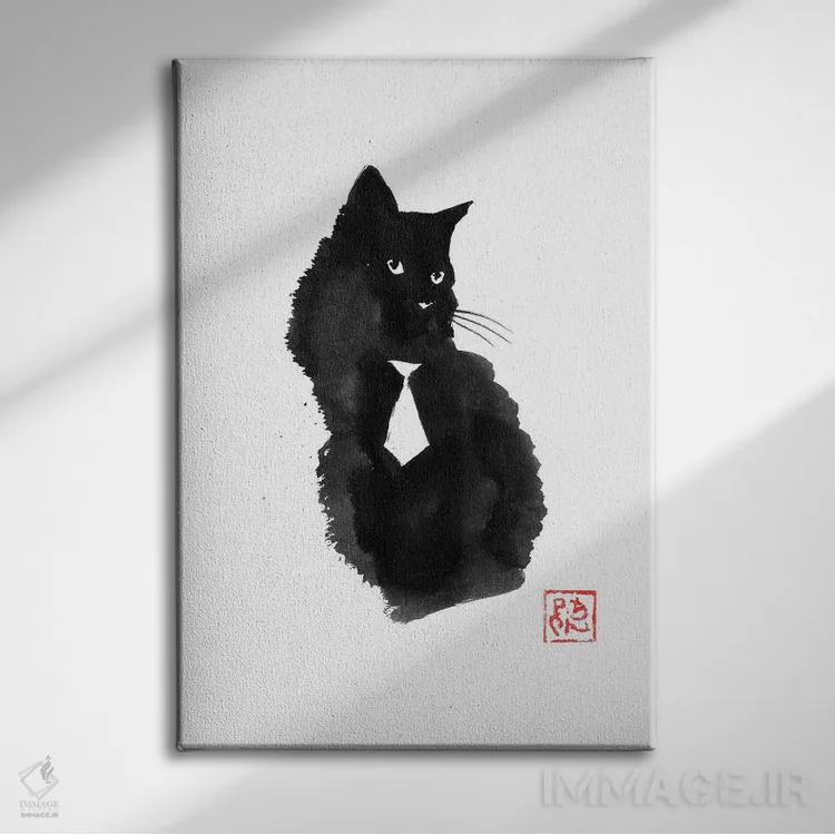 تابلو دکوراتیو کراوات گربه سیاه اثر پشان - نمای روبهرو روی دیوار