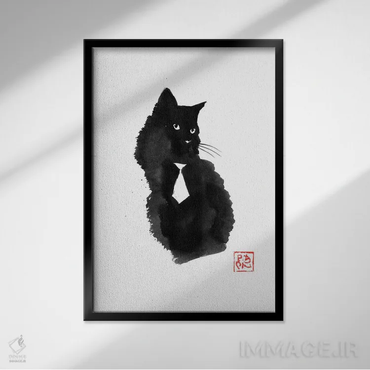 تابلو دکوراتیو کراوات گربه سیاه اثر پشان - نمای قابدار مشکی