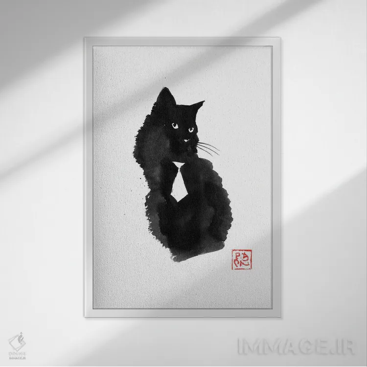 تابلو دکوراتیو کراوات گربه سیاه اثر پشان - نمای قابدار سفید