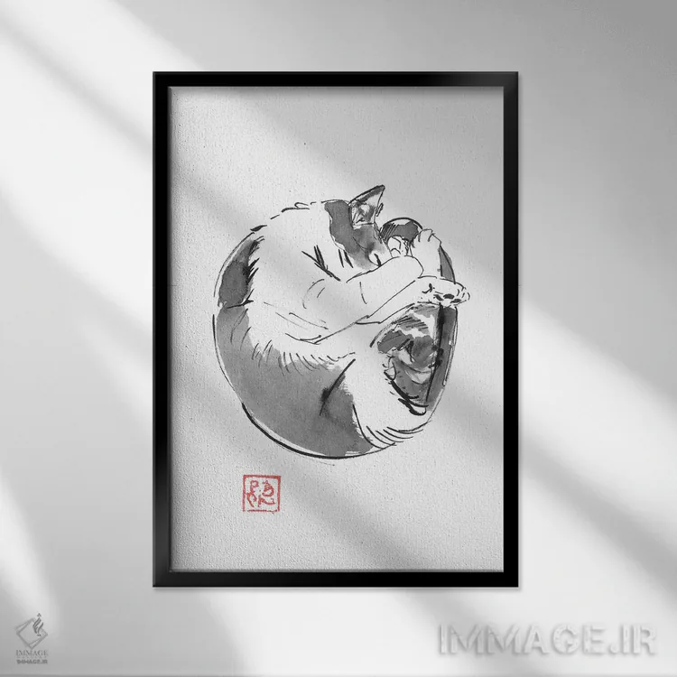 تابلو دکوراتیو گربه گرد اثر پشان - نمای قابدار مشکی