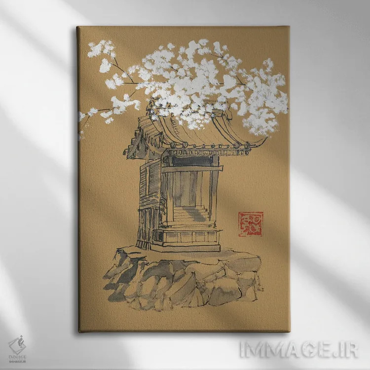 تابلو مینیمال معبد روی کاغذ قهوه ای اثر پشان - نمای روبهرو روی دیوار