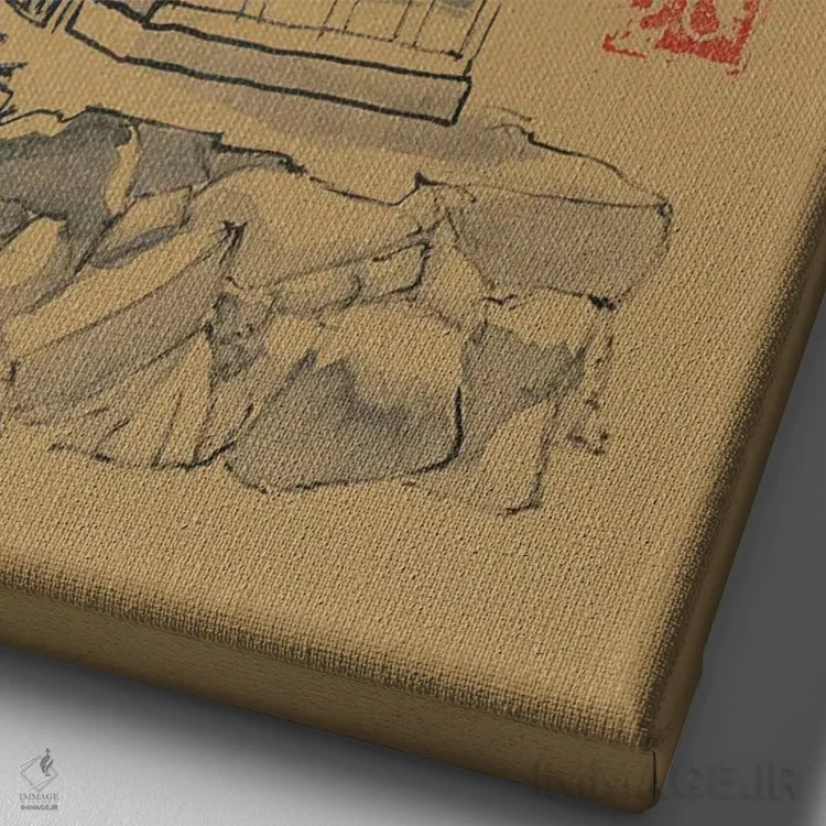 تابلو مینیمال معبد روی کاغذ قهوه ای اثر پشان - نمای نزدیک بافت بوم