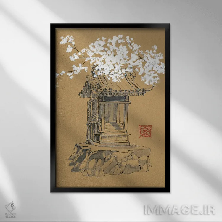 تابلو مینیمال معبد روی کاغذ قهوه ای اثر پشان - نمای قابدار مشکی