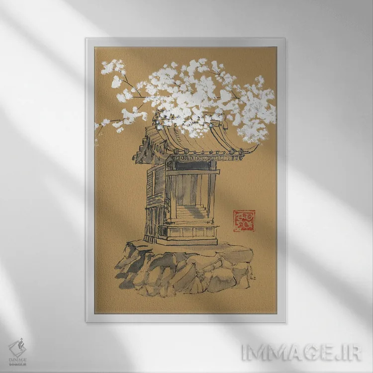 تابلو مینیمال معبد روی کاغذ قهوه ای اثر پشان - نمای قابدار سفید