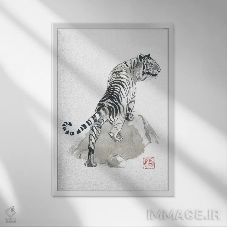 تابلو دکوراتیو ببر روی صخره ها اثر پشان - نمای قابدار سفید