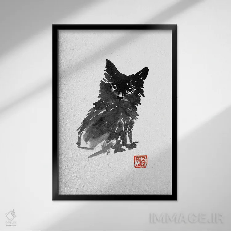 تابلو دکوراتیو گربه سیاه کوچک اثر پشان - نمای قابدار مشکی