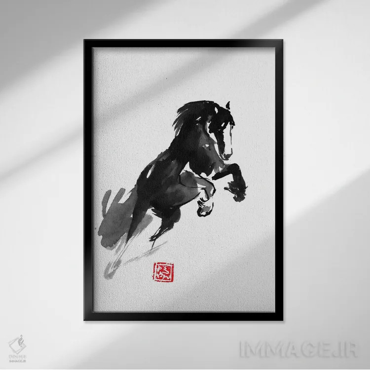 تابلو دکوراتیو اسب پرنده اثر پشان - نمای قابدار مشکی
