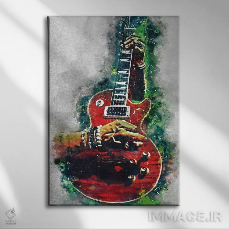 تابلو دکوراتیو گیتار قرمز آتشین اسلش اثر پاپ کالت پوسترز - نمای روبهرو روی دیوار