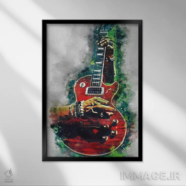 تابلو دکوراتیو گیتار قرمز آتشین اسلش اثر پاپ کالت پوسترز - نمای قابدار مشکی