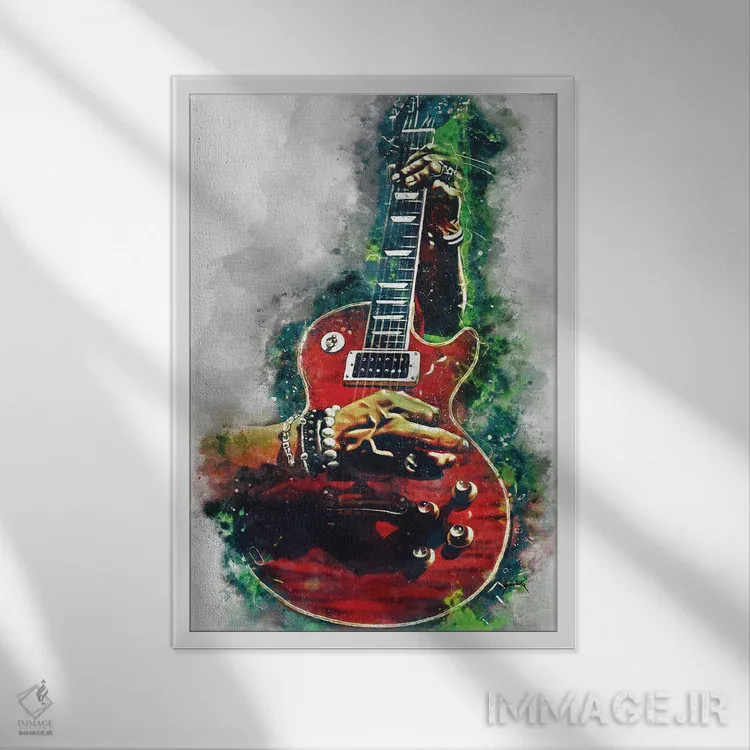 تابلو دکوراتیو گیتار قرمز آتشین اسلش اثر پاپ کالت پوسترز - نمای قابدار سفید