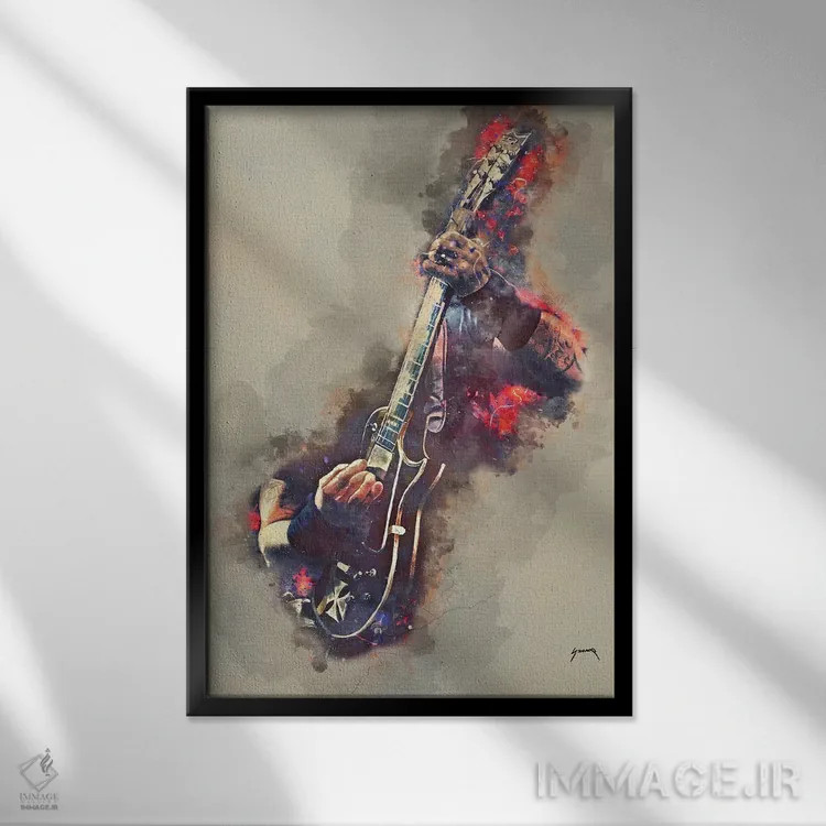 تابلو دکوراتیو گیتار برقی جیمز هتفیلد اثر پاپ کالت پوسترز - نمای قابدار مشکی