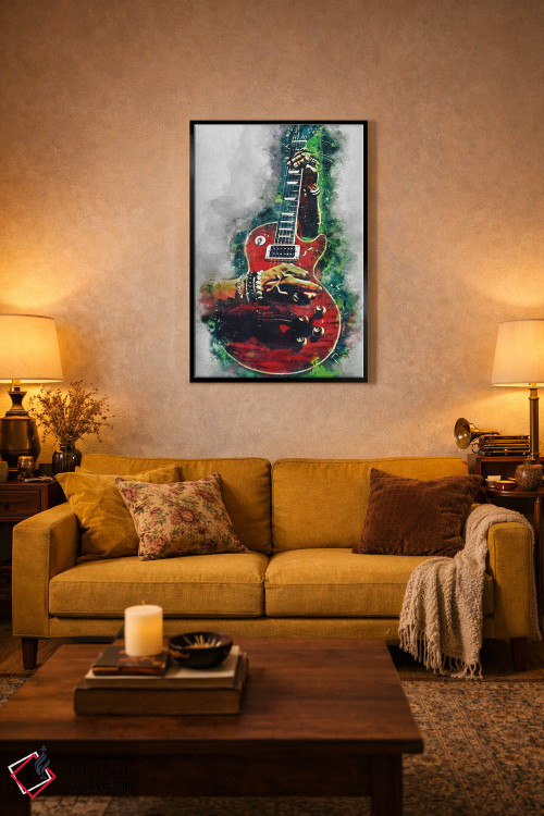 تابلو دکوراتیو گیتار قرمز آتشین اسلش اثر پاپ کالت پوسترز - D2B