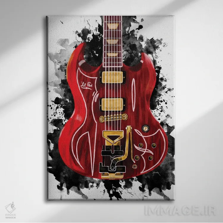 تابلو دکوراتیو گیتار کوچک قرمز بیلی گیبون اثر پاپ کالت پوسترز - نمای روبهرو روی دیوار