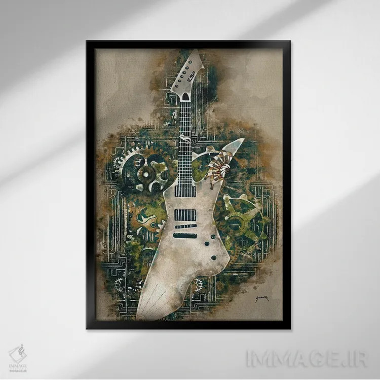 تابلو دکوراتیو گیتار استیم پانک اسنیکبایت جیمز هتفیلد اثر پاپ کالت پوسترز - نمای قابدار مشکی