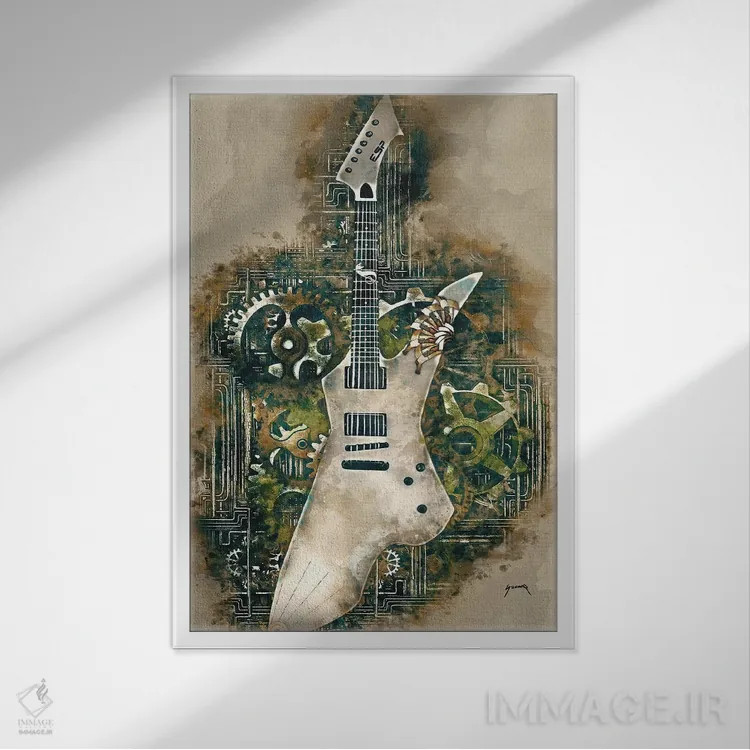 تابلو دکوراتیو گیتار استیم پانک اسنیکبایت جیمز هتفیلد اثر پاپ کالت پوسترز - نمای قابدار سفید