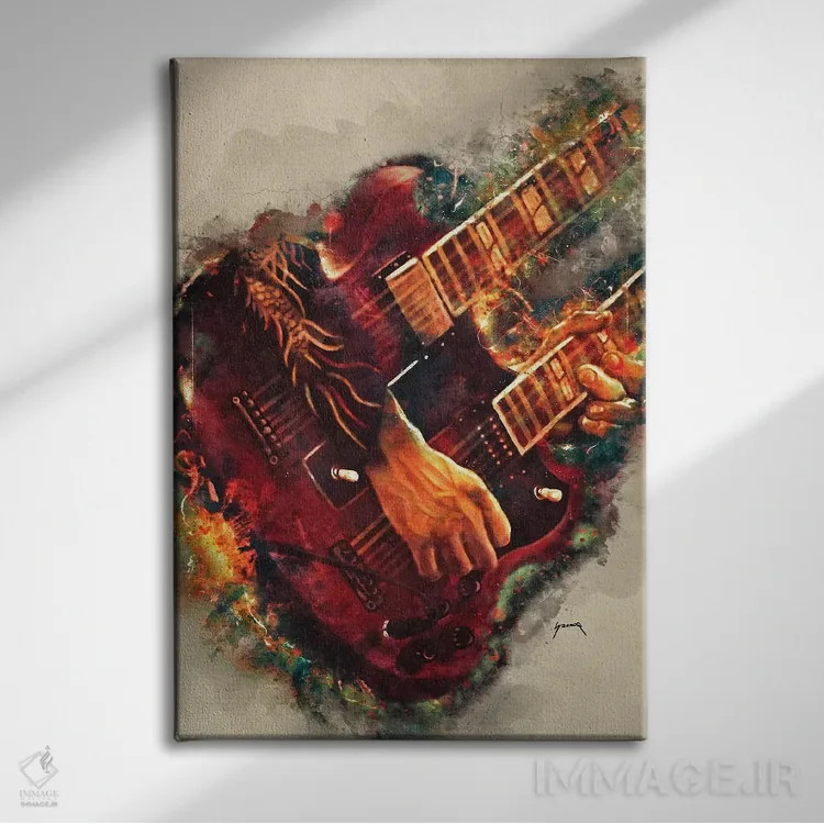تابلو دکوراتیو گیتار برقی جیمی پیج اثر پاپ کالت پوسترز - نمای روبهرو روی دیوار