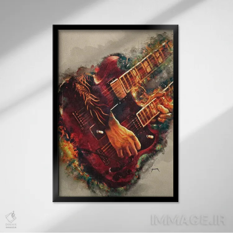 تابلو دکوراتیو گیتار برقی جیمی پیج اثر پاپ کالت پوسترز - نمای قابدار مشکی
