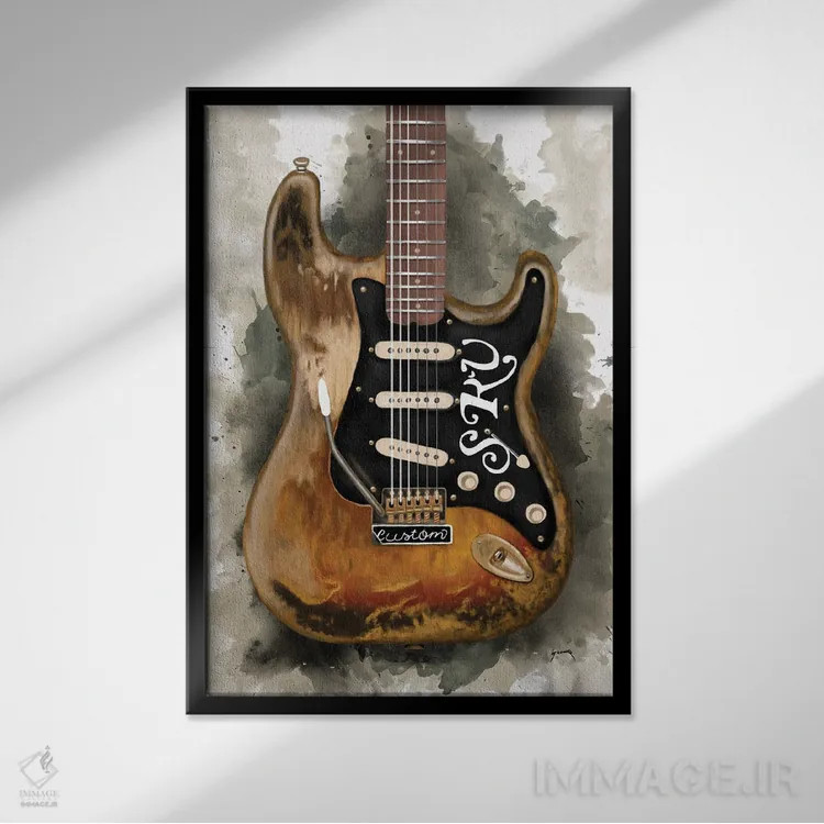 تابلو دکوراتیو گیتار برقی وینتج استیوی ری واهان اثر پاپ کالت پوسترز - نمای قابدار مشکی