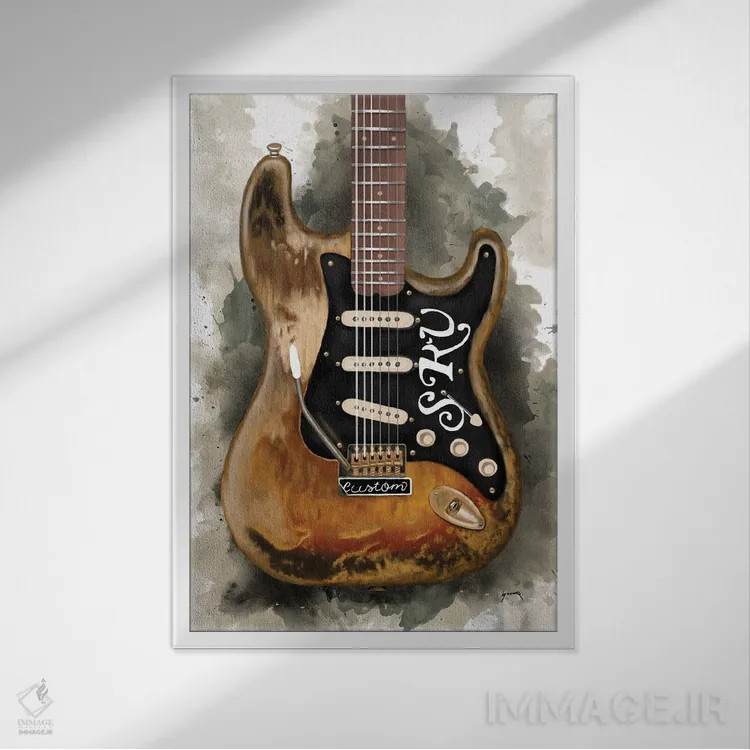 تابلو دکوراتیو گیتار برقی وینتج استیوی ری واهان اثر پاپ کالت پوسترز - نمای قابدار سفید