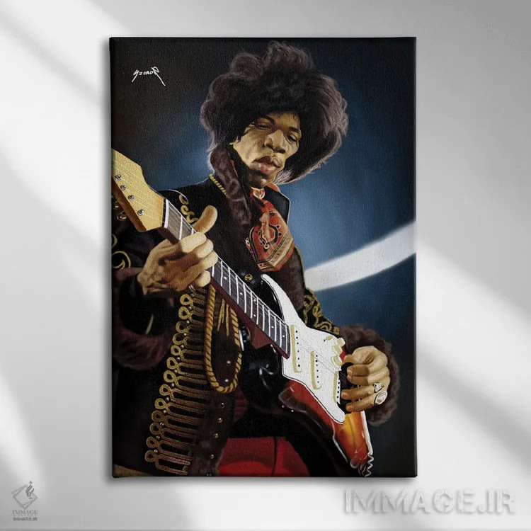 تابلو دکوراتیو کاریکاتور جیمی هندریکس اثر پاپ کالت پوسترز - نمای روبهرو روی دیوار