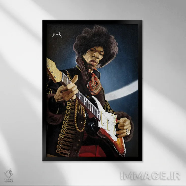 تابلو دکوراتیو کاریکاتور جیمی هندریکس اثر پاپ کالت پوسترز - نمای قابدار مشکی