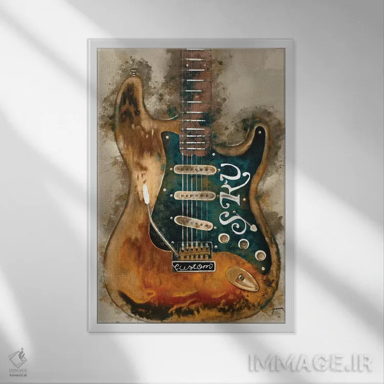 تابلو دکوراتیو گیتار استیوی ری واهان اثر پاپ کالت پوسترز - نمای قابدار سفید