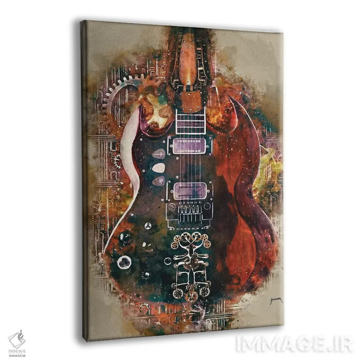 تابلو دکوراتیو گیتار استیم پانک تونی ایومنی اثر پاپ کالت پوسترز - نمای پرسپکتیو محصول