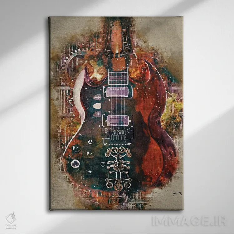 تابلو دکوراتیو گیتار استیم پانک تونی ایومنی اثر پاپ کالت پوسترز - نمای روبهرو روی دیوار