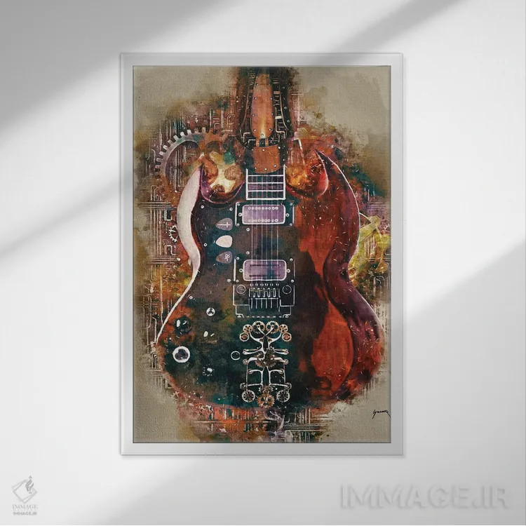 تابلو دکوراتیو گیتار استیم پانک تونی ایومنی اثر پاپ کالت پوسترز - نمای قابدار سفید