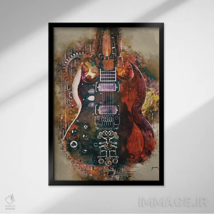 تابلو دکوراتیو گیتار استیم پانک تونی ایومنی اثر پاپ کالت پوسترز - نمای قابدار مشکی