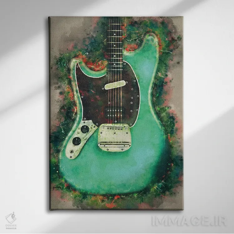تابلو دکوراتیو گیتار برقی کورت کوبین اثر پاپ کالت پوسترز - نمای روبهرو روی دیوار