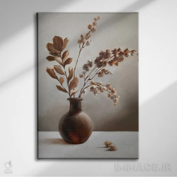 تابلو دکوراتیو گیاه خشک شده در گلدان قهوه ای اثر آنا اسپیرز - نمای روبهرو روی دیوار
